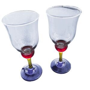 Vintage Water Goblet By BROQUE Clear Bowl, Blue & Yellow Stem, Red Base ENGLAND